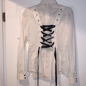 BEBE White Button Up Back Lace Up Shirt NWT